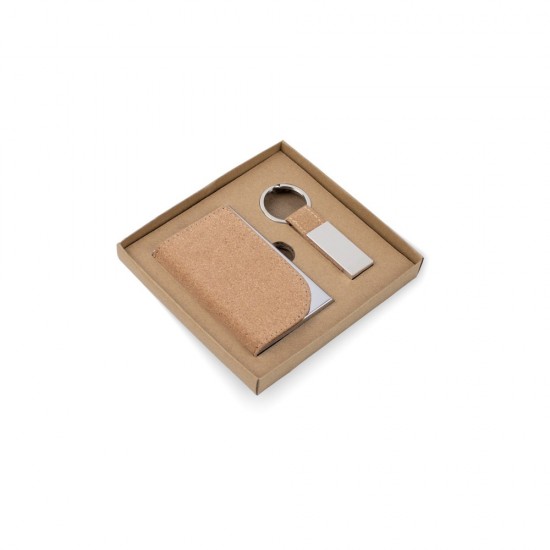 Conjunto Composto por um Porta-Cartões e Chaveiro em Metal e Cortiça com Logo