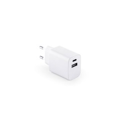 Adaptador de corrente com porta USB-A 18W e USB-C 20W em ABS 100% reciclado Promocional
