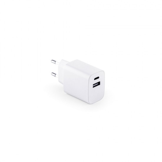 Adaptador de corrente com porta USB-A 18W e USB-C 20W em ABS 100% reciclado Promocional