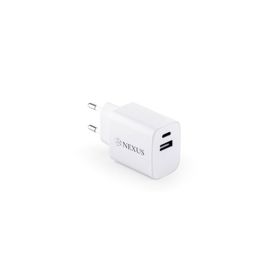 Adaptador de corrente com porta USB-A 18W e USB-C 20W em ABS 100% reciclado Promocional