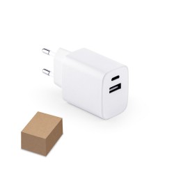 Adaptador de corrente com porta USB-A 18W e USB-C 20W em ABS 100% reciclado Promocional