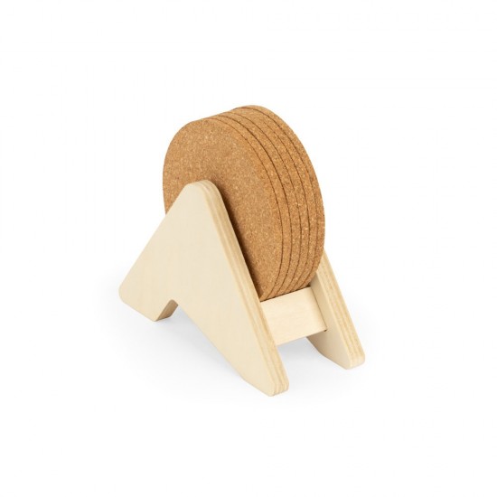 Porta copos em madeira com 6 bases para copos em cortiça Promocional 