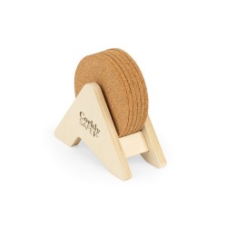 Porta copos em madeira com 6 bases para copos em cortiça Promocional 