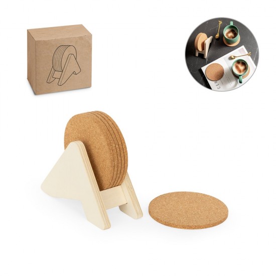 Porta copos em madeira com 6 bases para copos em cortiça Promocional 